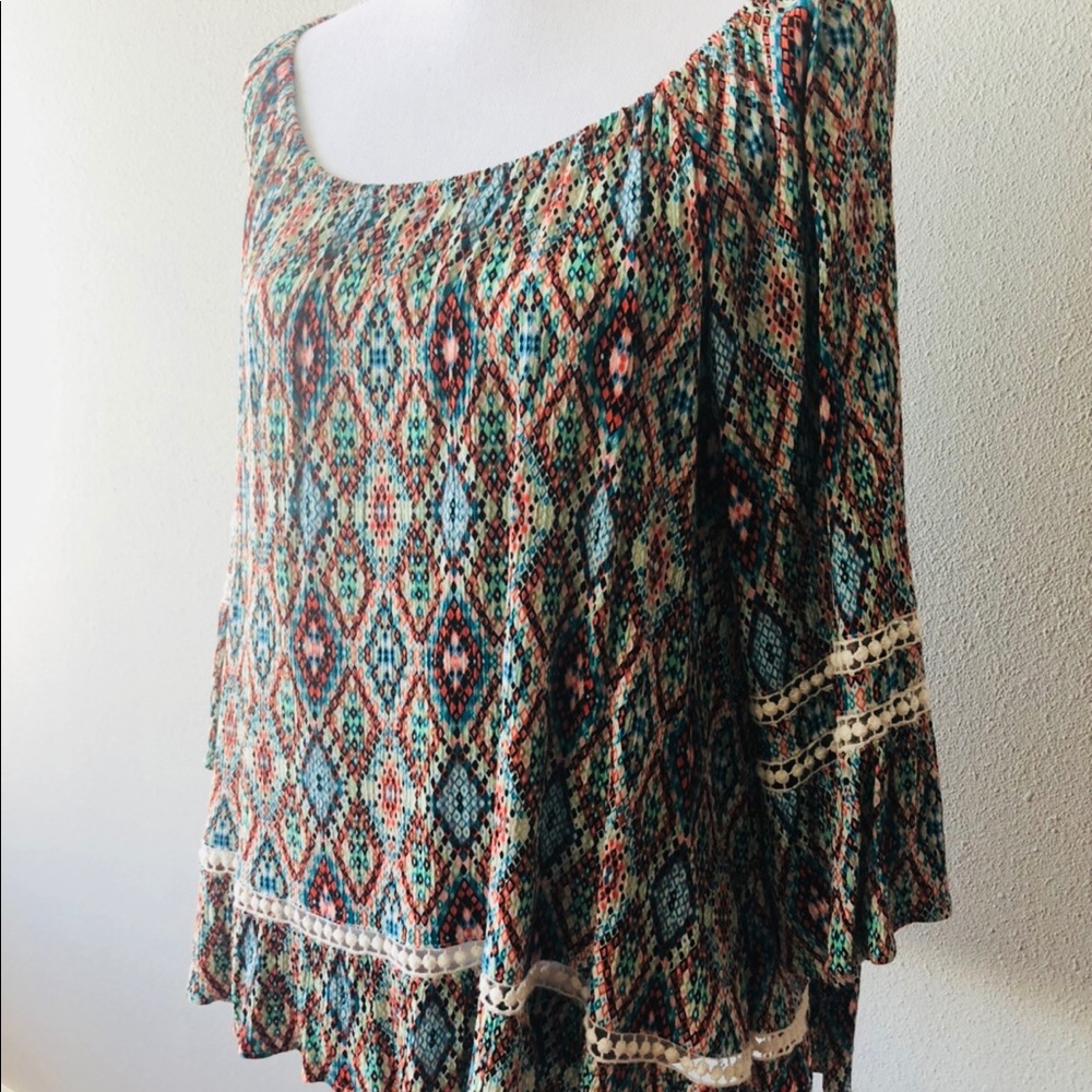 Boho Peasant Blouse with Crochet Trim. XL